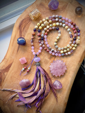 Sunset Radiance - Amethyst Focal - 108 Mala Necklace - Yellow Opal, Lepidolite, Rhodonite, Amethyst, Kunzite, Jade, Yellow Calcite, Agate & Jasper - Sari Silk tassel