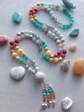 Seabreeze - 8mm Aquamarine, Amazonite, Howlite, Mother of Pearl, Labradorite, Fluorite, Sunstone, Jade, Rose Quartz - 108 Mala 40” Necklace - Howlite Focal