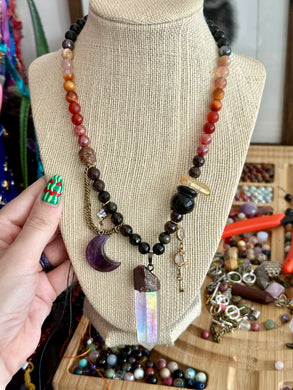 RESERVED - Hecate 20” Necklace - 8mm Carnelian, Garnet, Onyx, Obsidian, Smoky Quartz, Agate, Tigers eye, petrified Wood, Amethyst Moon, Brass accents, Aura quartz pendant ✨