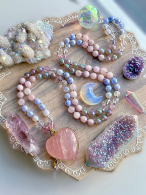 Enchanted Heart - 24k Gold Overlay Rose Quartz Heart - Kunzite, Fluorite, Mystic Agate, Rose Quartz, Clear Quartz - 108 Mala Bead Necklace
