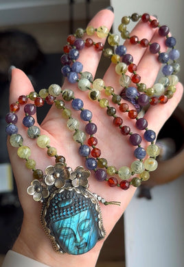 Universal Peace - 108 Faceted Gemstone Mala Necklace - Tibetan Style Labradorite Buddha Carving
