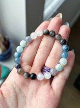 Load image into Gallery viewer, Ocean’s Depths - Aquamarine, Devil Blue Aquamarine, Grey Sunstone, Rainbow Moonstone, Silver Obsidian, Dark Blue &amp; Light Blue Iolite. Gemstone Bracelet