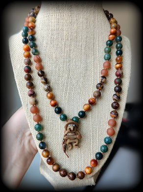 Wild Luck Bringer  - 108 Mala Necklace - 8mm Moss Agate, Tigers Eye, Jasper, Druzy Agate - Peruvian Lucky Troll Focal
