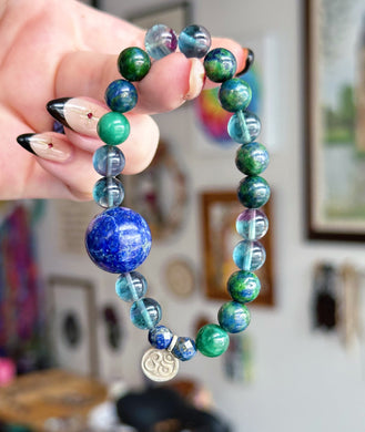 Lapis Lazuli Focal + Hill Tribe Silver OM - AAA Blue Fluorite, AAA Green Mica Muscovite, Chrysocolla Gemstone Bracelet