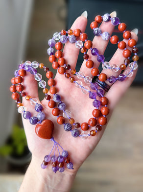 Hearts Afire - 108 8mm AAA Amethyst, AAA Quartz, Red Jasper, Cape Amethyst, 6mm Hessonite Garnet - Red Jasper Heart Focal