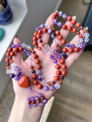 Reserved - Hearts Afire - 108 8mm AAA Amethyst, AAA Quartz, Red Jasper, Cape Amethyst, 6mm Hessonite Garnet - Red Jasper Heart Focal