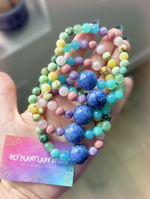 Surrender to the Flow - Sodalite Focal - 8mm Rose Quartz, Lepidolite, Rhodonite, Green Garnet, African Turquoise, Green Aventurine, Amazonite, Yellow Opal - Gemstone Mala Bracelet