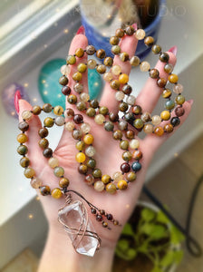 Beacon of Light - Golden Pietersite + Golden Rutile Quartz - Clear Quartz Point - 108 Mala Bead Necklace