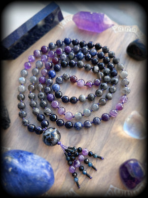 Illuminated Intuition - Iolite, Larvikite, Lepidolite, Amethyst, Labradorite, Sodalite, Grey Moonstone, Blue Goldstone, 8mm 108 Mala Necklace