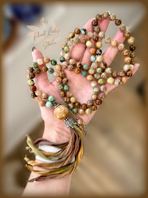 Nourish Your Soul - 8mm 108 Mala Bead Necklace - Hand Dyed Silk Tassel - Natural Agate Focal