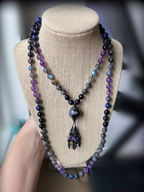 RESERVED - Starfall - Iolite, Larvikite, Amethyst, Labradorite, Sodalite, Grey Moonstone, Blue Goldstone, 8mm 108 Mala Necklace