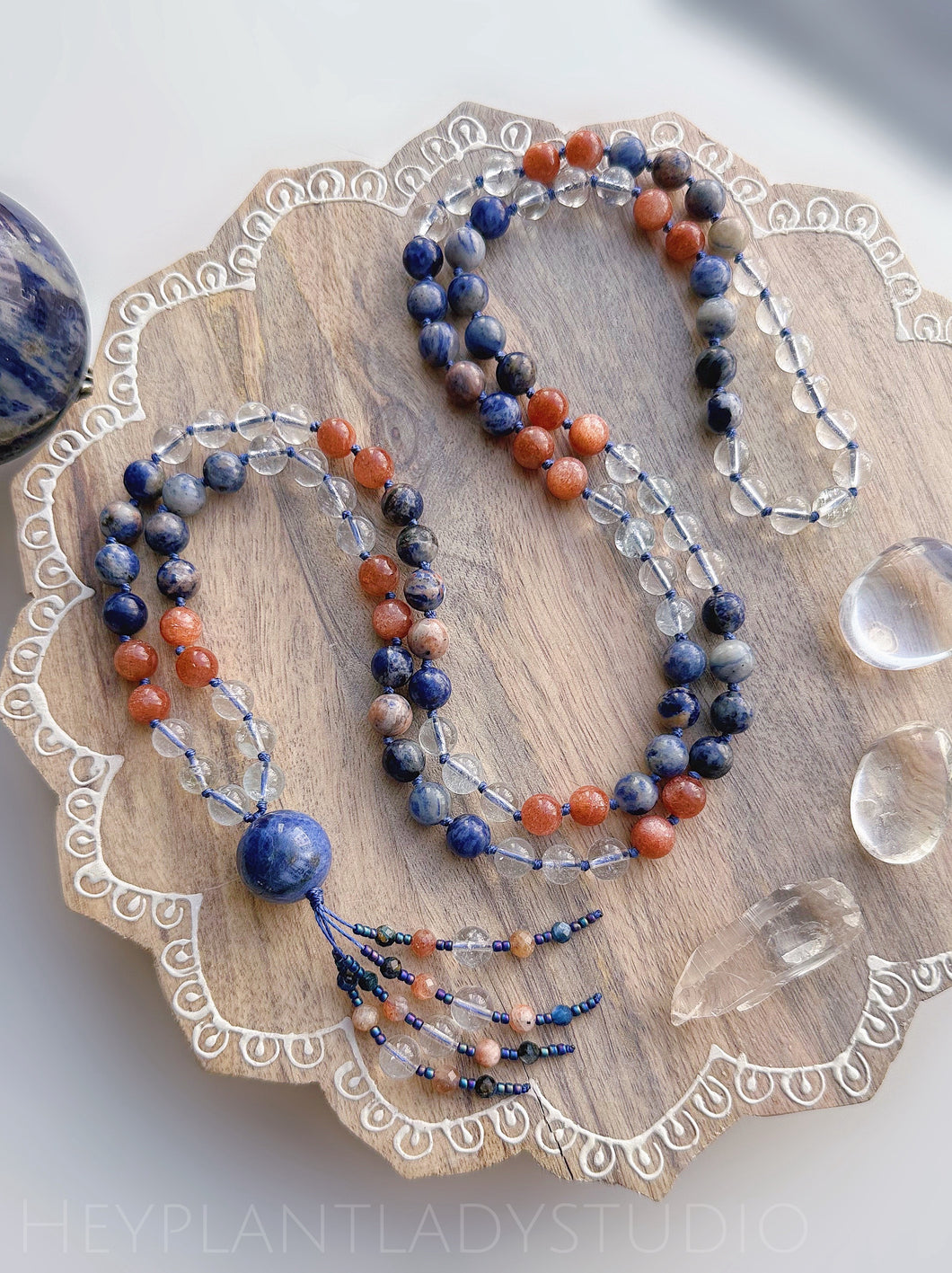 Joy • Truth • Authenticity-Sodalite, Blue Topaz, Sunstone - Sodalite Focal - Beaded Tassel - 108 Mala Bead Necklace