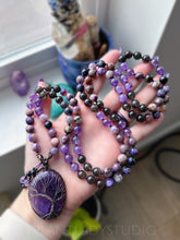 Load image into Gallery viewer, Divine Love, Healing, &amp; Guidance 
- Charoite, Natural Chrysoberyl, Amethyst - Amethyst Tree of Life - 108 Mala Bead Necklace
