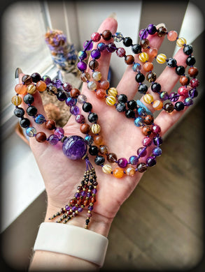 Embracing the Shadow - 108 Mala Bead Necklace - Amethyst Focal