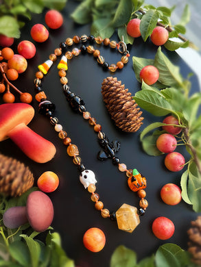 RESERVED - Halloweentown - 23” Necklace - Onyx, Striped Agate, Citrine, Orange Tigers Eye, Mystic Golden Healer - Carved Skulls - Lampwork Halloween Beads - Hematoid Quartz