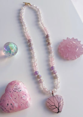 Hearts Aligned 19” Necklace - Mystic Rose Quartz, Aura Rose Quartz, Natural Rose Quartz, Mystic Amethyst - Rose Quartz Pendant