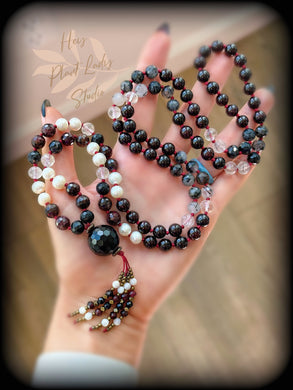 Blood Moon - 108 Mala Bead Necklace - Faceted Onyx Focal