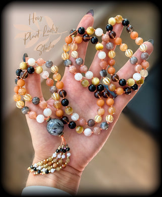 All Hallows Eve - 108 Mala Bead Necklace - Tourmalinated Quartz Focal