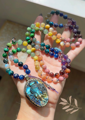 Energy Shift - 108 Rainbow Gemstone Mala Necklace - Tibetan Style Labradorite Ganesha Carving