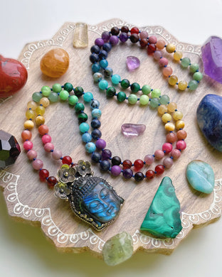 RESERVED Energy Shift - 108 Rainbow Gemstone Mala Necklace - Tibetan Style Labradorite Buddha Carving