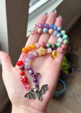 Fruit Bat 🦇 - 16” Choker - 8mm Gemstone Rainbow - Bat Pendant