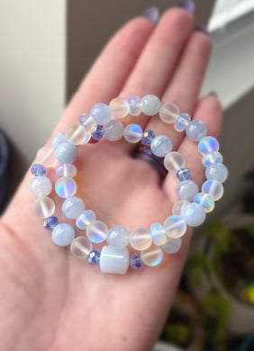Crystal Snow - (2) Bracelet Set  -  Blue Lace Agate, Blue Chalcedony, Opalite, Mermaid Glass, & Blue Crystal