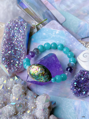 Tropical Waves - Abalone Shell 8mm Aqua Amazonite + Labradorite + Aura Amethyst - Gemstone Bracelet