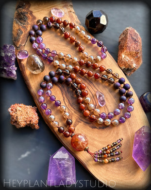 Autumn Embers - Hessonite Garnet, Amethyst, Aura Amethyst, Smoky Quartz, Druzy Agate, Mystic Agate - 108 Mala Necklace - Crackle Agate Focal