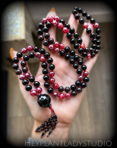 Energy Vampire Shield -Onyx, Brazilian Garnet, Red Mystic Agate - 108 Mala Necklace - Faceted Onyx Focal