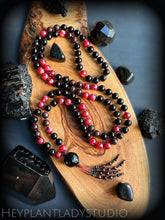 Load image into Gallery viewer, Energy Vampire Shield -Onyx, Brazilian Garnet, Red Mystic Agate - 108 Mala Necklace - Faceted Onyx Focal