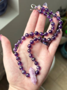 RESERVED - Calm Serenity - 18” Choker - 8mm Amethyst - Lepidolite Point Pendant