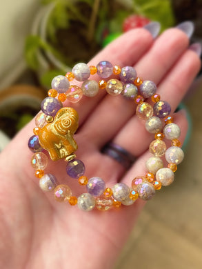 Sunfire Amethyst - (2) 8mm Bracelet Set  - Mystic Amethyst, Mystic Citrine, Orange Crystal, Elephant Charm