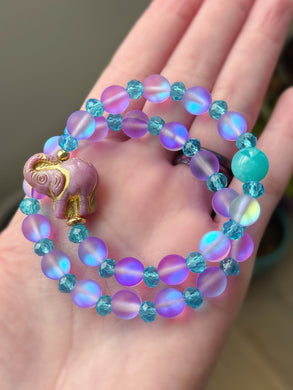 Mermaid Mist - (2) Bracelet Set  -  Amazonite, 8mm Mermaid Glass, Blue Crystal, Elephant Charm