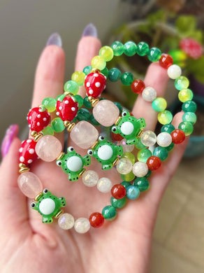 Brambletoad Bracelet (1) - 8mm Mystic Rose Quartz, Carnelian, Selenite, Agate, Lampwork Strawberry & Toad