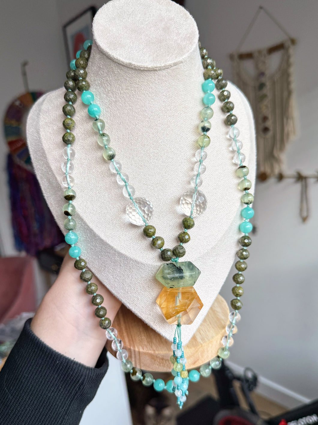 (2 of 2) PRE-ORDER  - 108 Gemstone Mala Necklace - epidote, prehnite, clear Quartz, Amazonite, black tourmaline