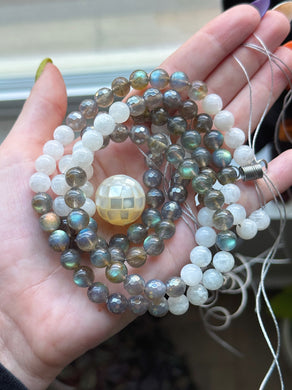 RESERVED - Peaceful Spirit - Labradorite, Moonstone, Mystic Smoky Quartz - Mother of Pearl Focal - 108 Mala Bead Necklace