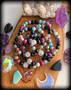 Fortune Teller - Onyx , Mystic Agate, Sea Sediment Jasper, Aura Crackle Quartz Focal - Stretch Mala Bracelet