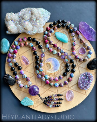Fortune Teller  - Aura Amethyst, Mystic Agate, Sea Sediment Jasper, Onyx - 108 Mala Necklace - Amethyst Focal
