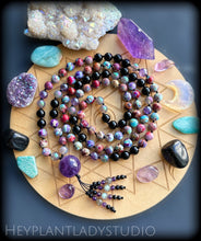Load image into Gallery viewer, Fortune Teller  - Aura Amethyst, Mystic Agate, Sea Sediment Jasper, Onyx - 108 Mala Necklace - Amethyst Focal