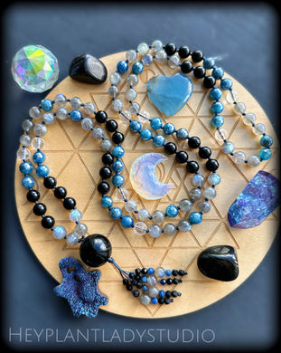Wish Upon a Star  - Blue Mystic Agate, Labradorite , Clear Quartz, Onyx - 108 Mala Necklace - Onyx Focal