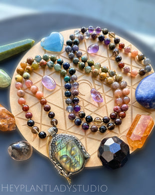 Energy Shift - 108 Earthy Rainbow Gemstone Mala Necklace - Tibetan Style Labradorite Buddha Carving