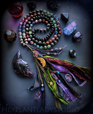 Witch of the Woods Mala Necklace - Mystic Merlinite, Moss Agate, Hessonite Garnet, Aura Quartz, Chevron Amethyst, Onyx, Mystic Larvikite - Sari Silk Tassel + Vintage Brass + Swarovski Charms