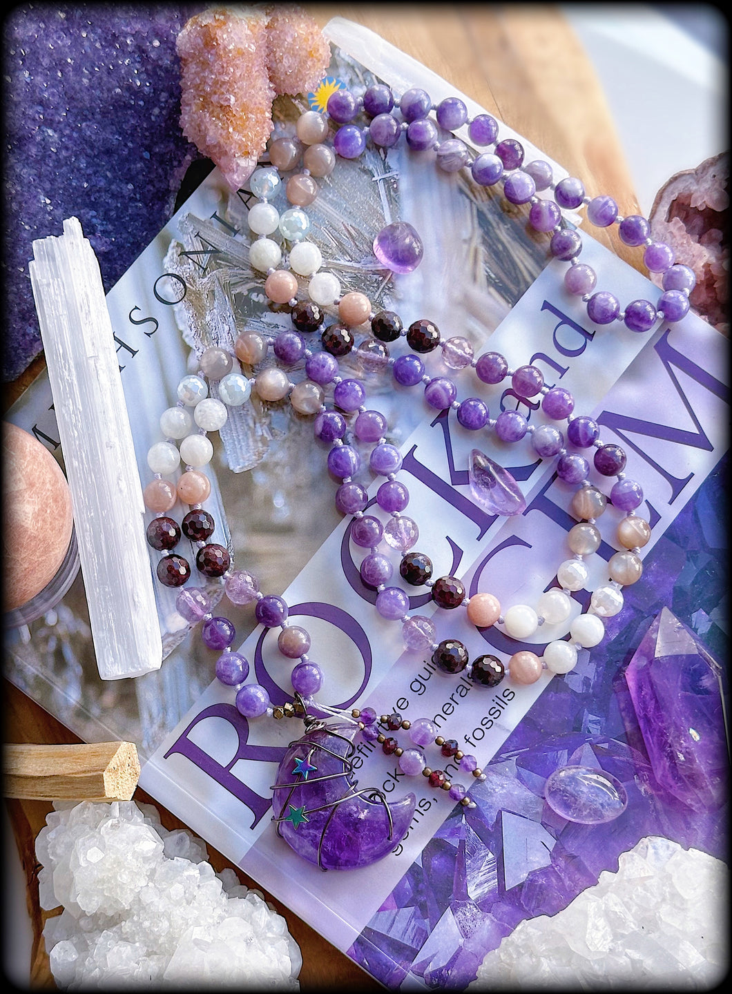 Fairy Dust - Velvet Fluorite + Mystic Agate + Garnet + Moonstone + Lavender Amethyst  - 108 Mala Necklace - Amethyst Moon
