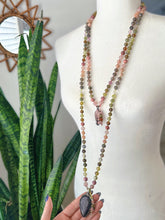 Load image into Gallery viewer, Secret garden - Rhodonite + Rose Quartz + Green Garnet + Peach Moonstone + Hematoid Quartz + Grey Moonstone - 108 Mala Necklace - Hypersthene Pendant