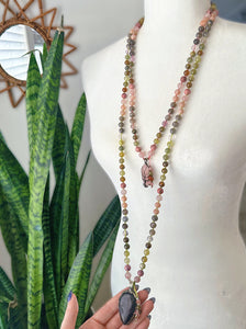 Secret garden - Rhodonite + Rose Quartz + Green Garnet + Peach Moonstone + Hematoid Quartz + Grey Moonstone - 108 Mala Necklace - Hypersthene Pendant