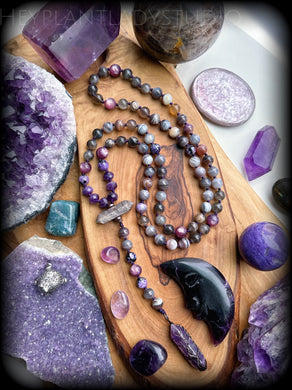 Astral Aura Lariat - Gem Lepidolite + Charoite + Black Moonstone + Rondelle Amethyst + Botswana Agate - Amethyst Point Tree of Life - Knotted Lariat