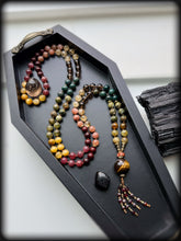 Load image into Gallery viewer, Inner Fire - Rhyolite + Green Garnet + Tigers Eye + Sunstone + Strawberry Quartz - 108 Mala Necklace