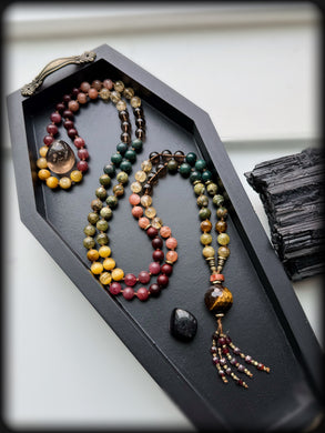 Inner Fire - Rhyolite + Green Garnet + Tigers Eye + Sunstone + Strawberry Quartz - 108 Mala Necklace