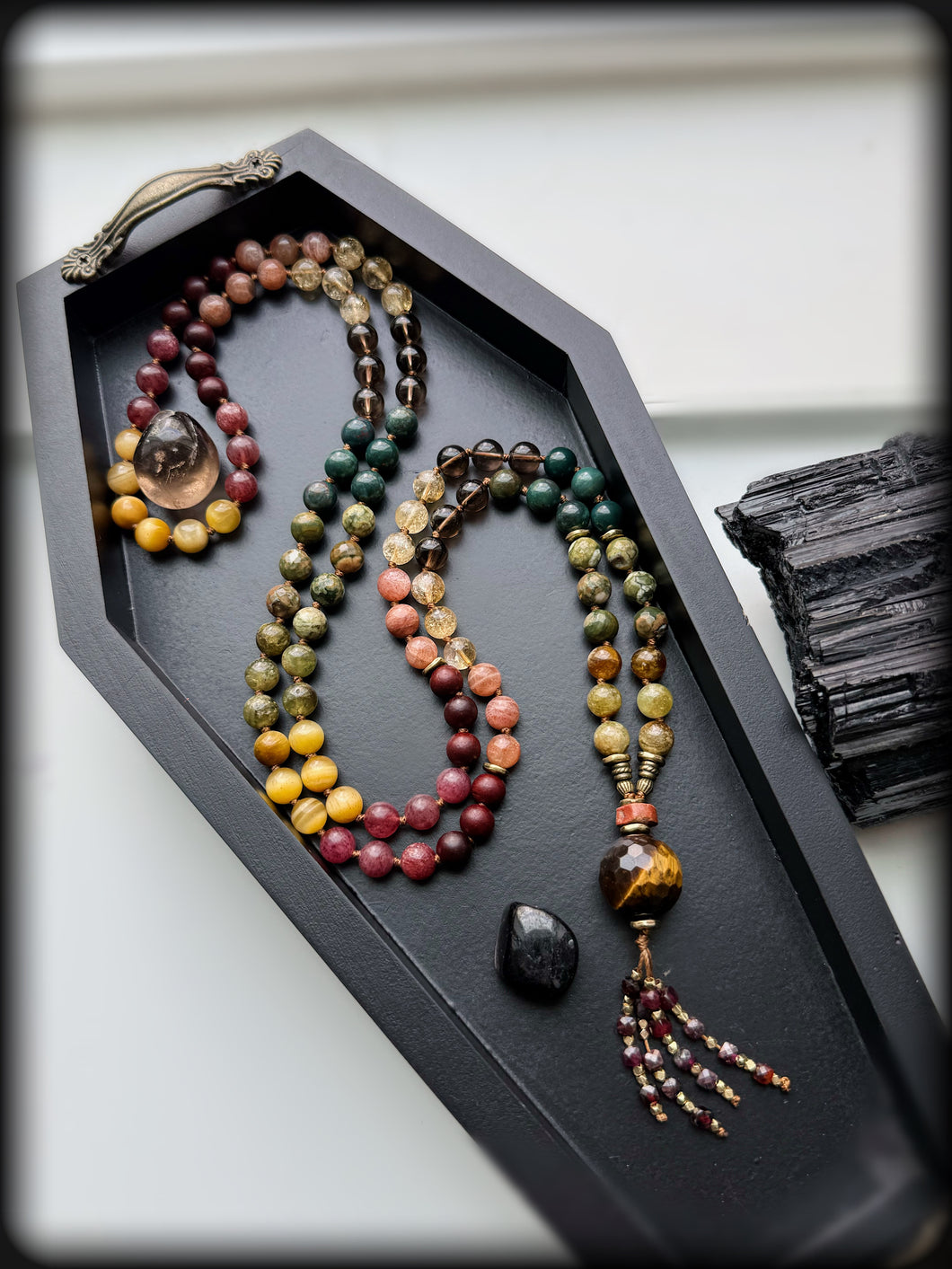 Inner Fire - Rhyolite + Green Garnet + Tigers Eye + Sunstone + Strawberry Quartz - 108 Mala Necklace