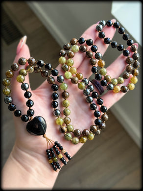 Grounded + Protected - Onyx + Green Garnet + Bronzite + Hematite - 108 Mala Necklace - Obsidian Heart Focal